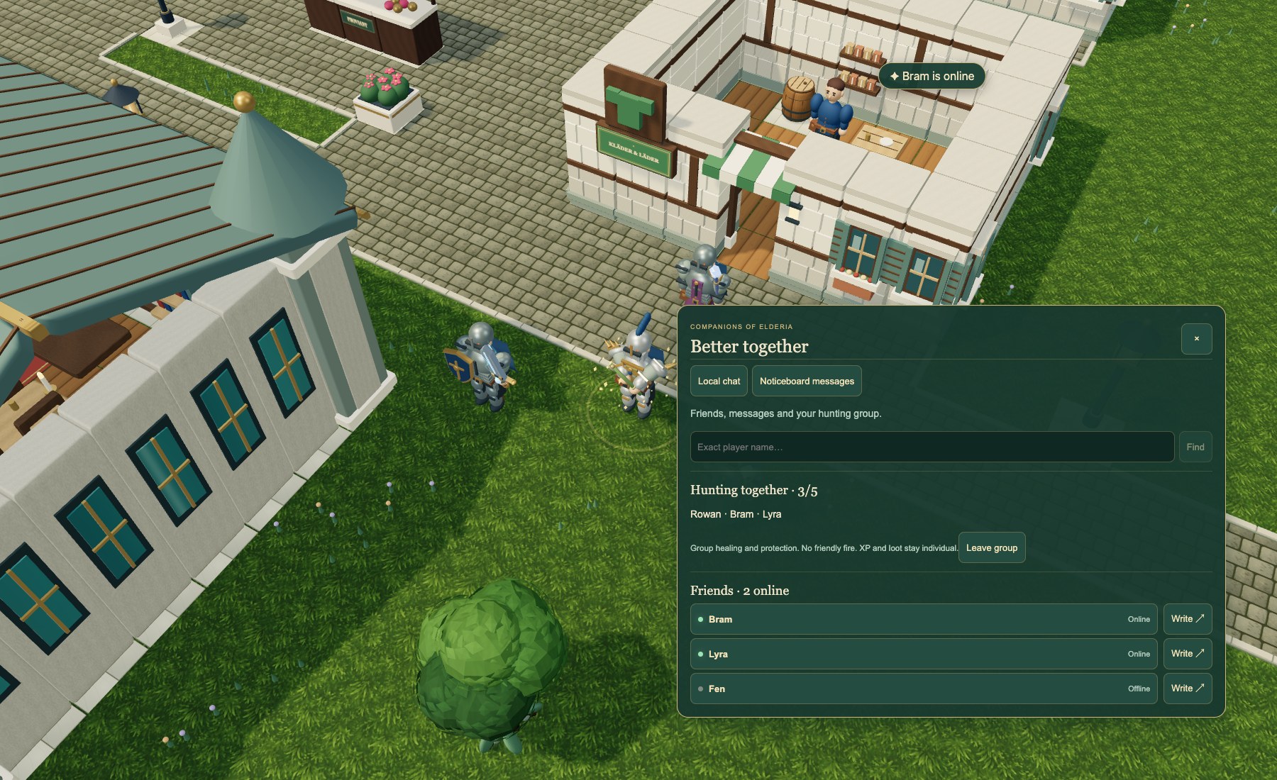 Adventurers in town beside Avenfell's friend list, online notification and hunting party panel
