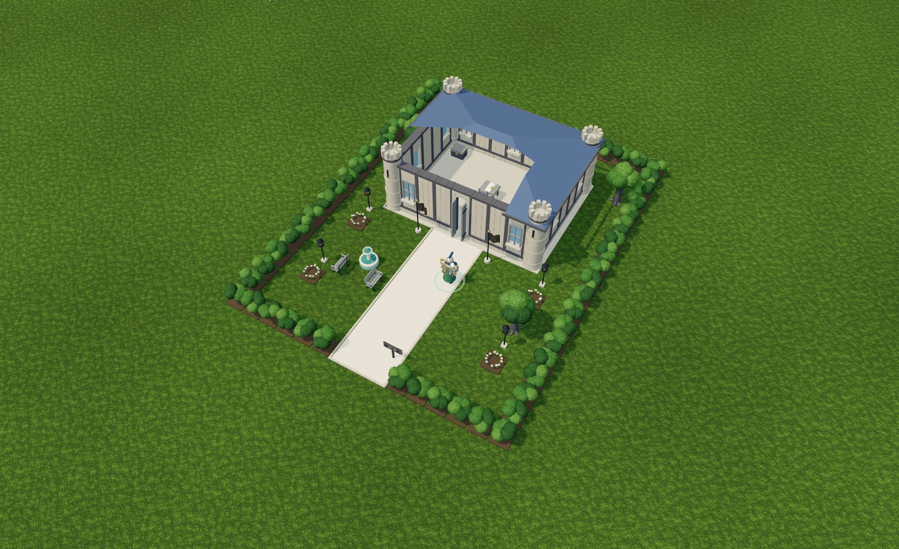 A player-built stone home with towers, a garden, a fountain and a path to its front door
